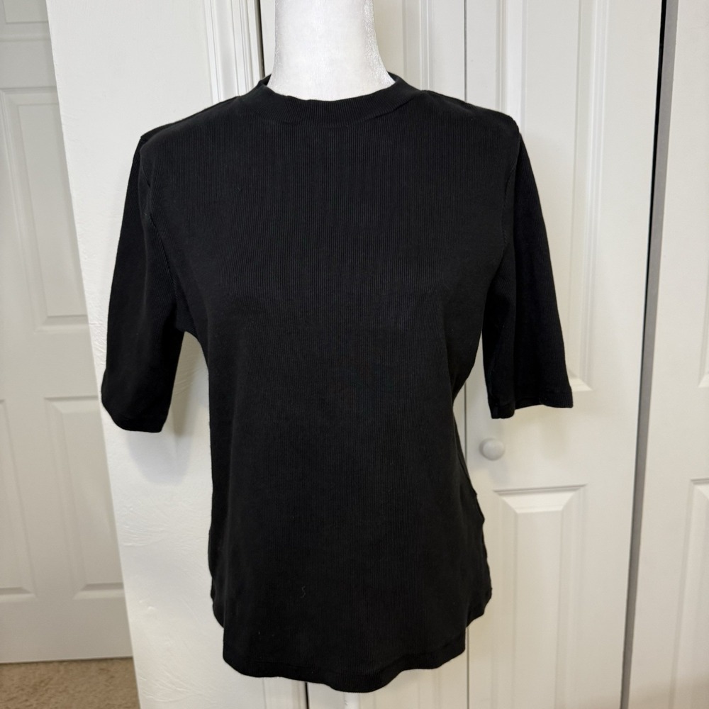 Maeve Anthropologie Mock Neck Half Sleeve Shirt Women's Large Black Stretch
